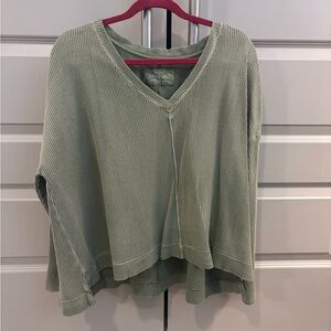 Anthropologie Green Waffle Knit V-Neck Top